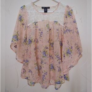Sheer Floral Boho Top with Lace Accent